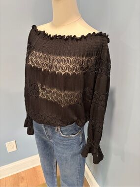 Black Lace Off Shoulder Top Size L Sheer Stretch Smocked Romantic Boho Blouse
